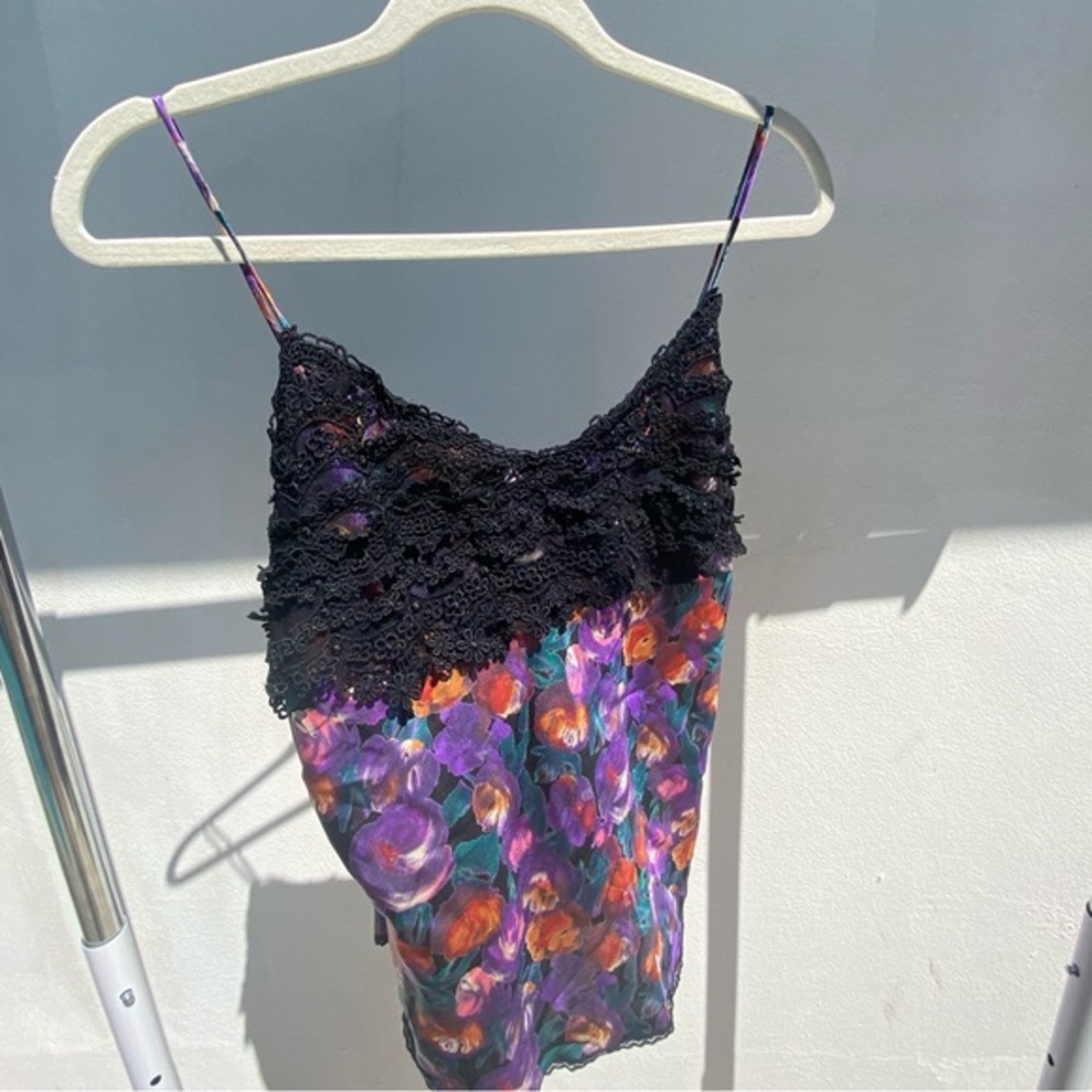 Vintage 80s Black Crochet & Purple Multicolor Floral Satin Cami Top Size Medium